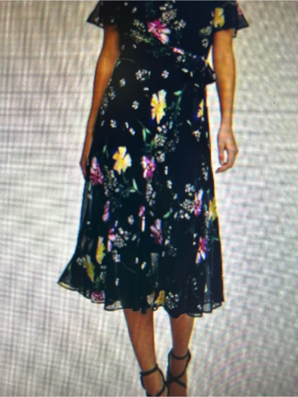 DKNY Navy Floral Midi Wrap Dress with Yellow & Pink Accents. Size 16